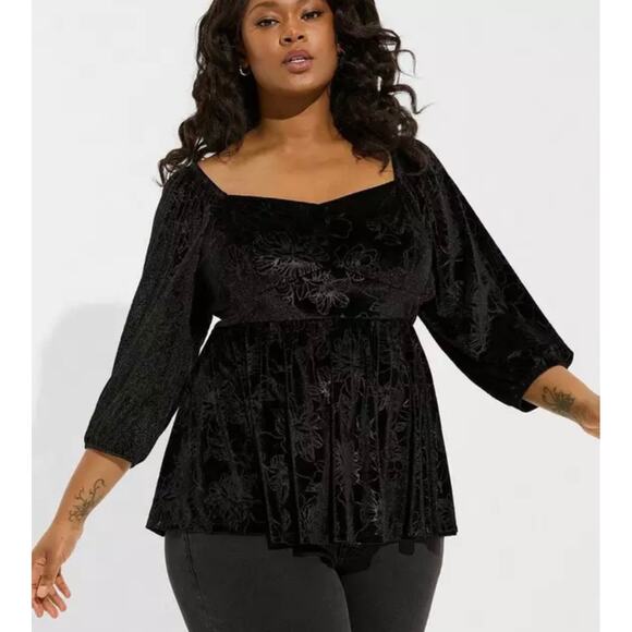 Torrid Tops - Torrid Black Velvet Floral Peplum Blouse Size 4X Romantic Gothic Square Neck Top